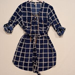 Live4Truth Resortcore Tunic Dress Windowpane Check Navy White Sz Large Nautical